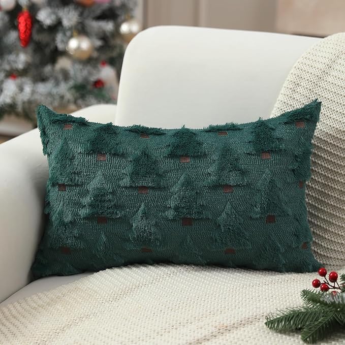 Christmas Pillow Covers 12x20 inch Set of 2 Xmas Decorations Soft Plush Faux Fur Wool Green Christmas Tree Throw Pillow Cases Winter Holiday Decor for Sofa Living Room PT-002A12