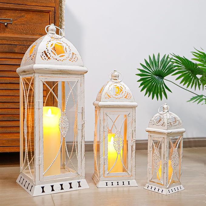 TRIROCKS Set of 3 Large Decorative Candle Lanterns 22''&16"&11" H Vintage Candle Holders for Garden Yard Patio Wedding Parties Events Christmas Indoors Outdoors(Beige with Gold Brush)