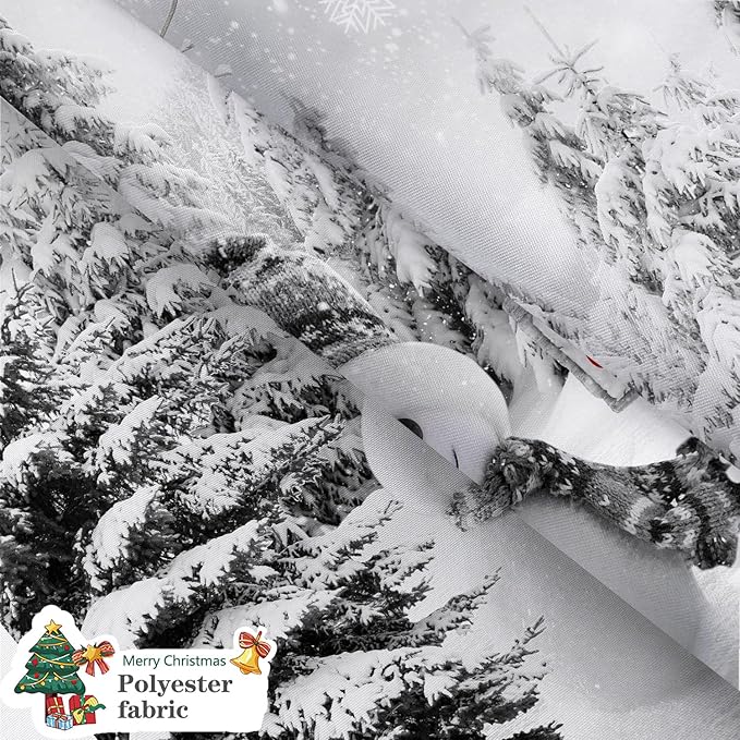 Winter Christmas Snowman Shower Curtain, Grey Winter Forest Cardinal Snowflake Holiday Farmhouse Xmas Shower Curtain Set for Bathroom Accessories Rustic Christmas Decorations with Hooks 72"X72"