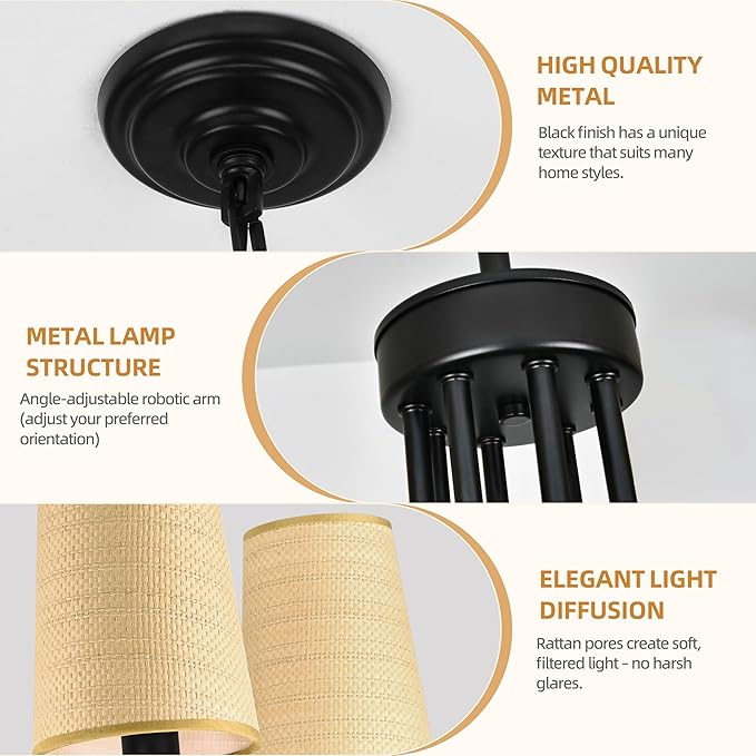 8-Light 39" Black with Fabric Shades Chandelier Farmhouse Linear Island Lighting Fixture Large Adjustable Pendant Lighting Fixtures for Living Room Kitchen Island Dining Room