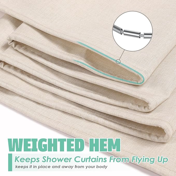 Extra Long Natural Linen Textured Shower Curtain Set with Hooks, Beige Boho Farmhouse Bath Shower Curtains for Bathroom Neutral Cloth, Hotel Luxury, Weighted, 72W x 84L, Cream