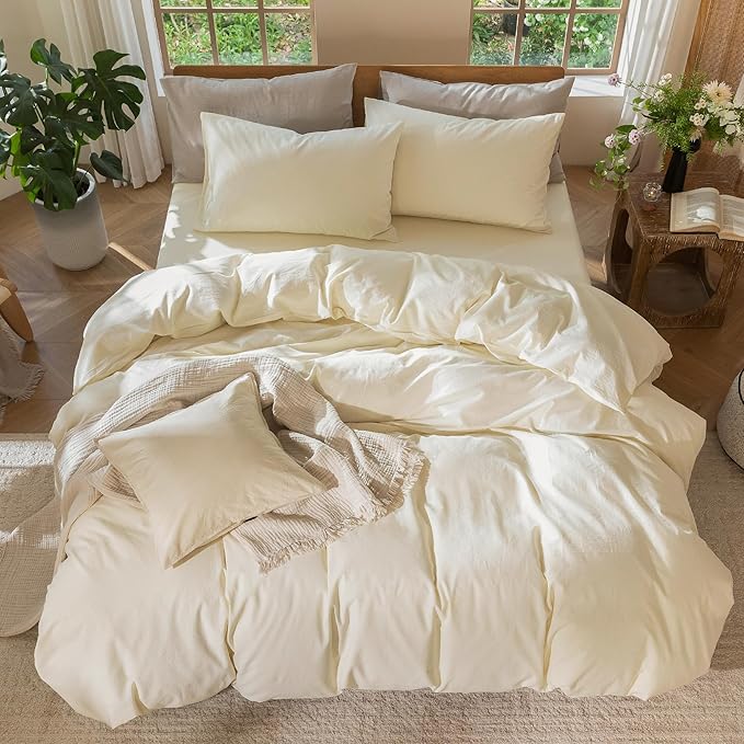 MooMee Bedding Duvet Cover Set 100% Washed Cotton Linen Like Textured Breathable Durable Soft Comfy (Solid Cream White, Twin 68"x90")