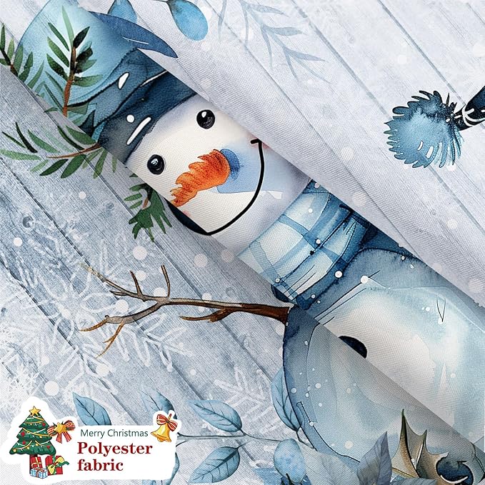 Blue Christmas Snowman Shower Curtain, Cute Winter Snowflake Snowman Poinsettia Floral Eucalyptus Leaves Decoration Xmas Shower Curtain for Bathroom, Fabric Holiday Bath Curtain Set with Hooks 72X72