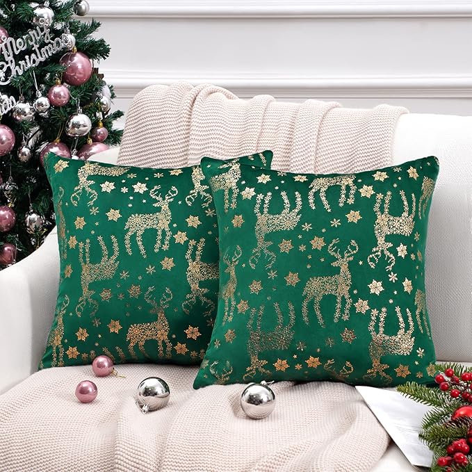 Topfinel Christmas Pillow Covers 18x18 Set of 2,Xmas Velvet Snowflake Reindeer Decorative Pillow Case Winter Holiday Decor for Home Couch,Green and Gold