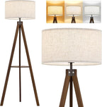 ELYONA Tripod Floor Lamp with Table, Mid Century Wood Shelf Standing Light Modern Tall Floor Lamp with Linen Shade for Living Room Bedroom Office,Dark Brown, 3 Color Temperatures LED Bulb Include