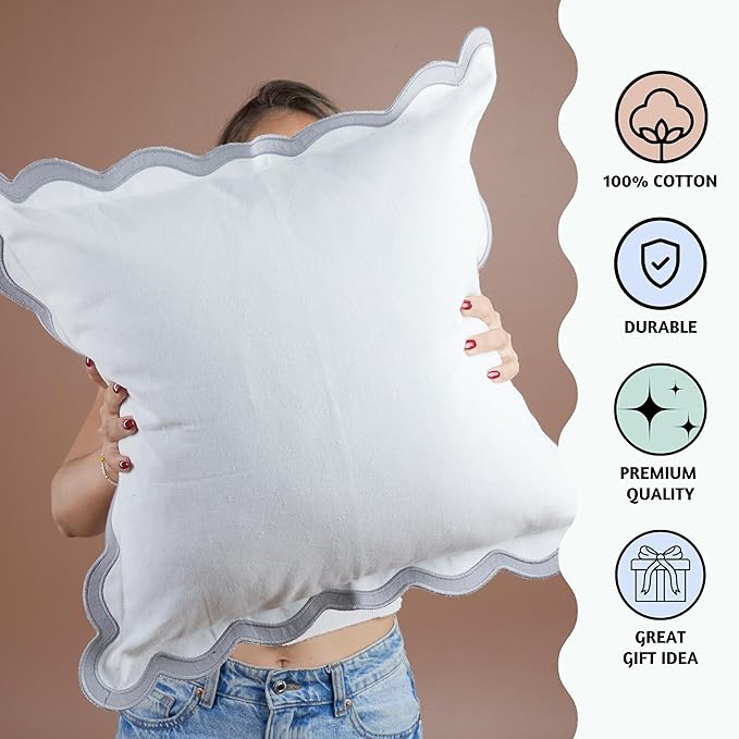 Folkulture Throw Pillow Covers 20x20, Scallop Pillow Cover Set of 2 Decorative Throw Pillows for Couch, Cute Outdoor Pillows or Couch Pillow Covers Standard Size, White Throw Pillows for Living Room