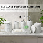 6-Piece Bathroom Accessories Set, Organizer Set with Soap Dispenser, Toothbrush Holder Set, Vanity Tray, Tumbler & 2 Cotton Swab Jars – Modern Stylish Bathroom Storage(Marble White)