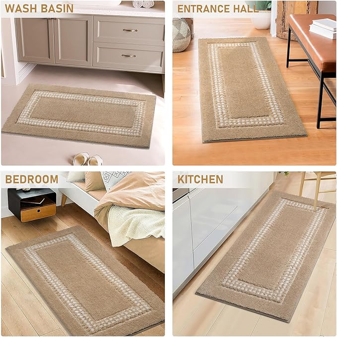 Beige Bathroom Rugs 24x47, Non Slip Washable Bath Mats,Super Soft Microfiber Bathroom Runner, Plush Fluffy Absorbent Bath Rugs for Sink Tub Basin Shower Floor