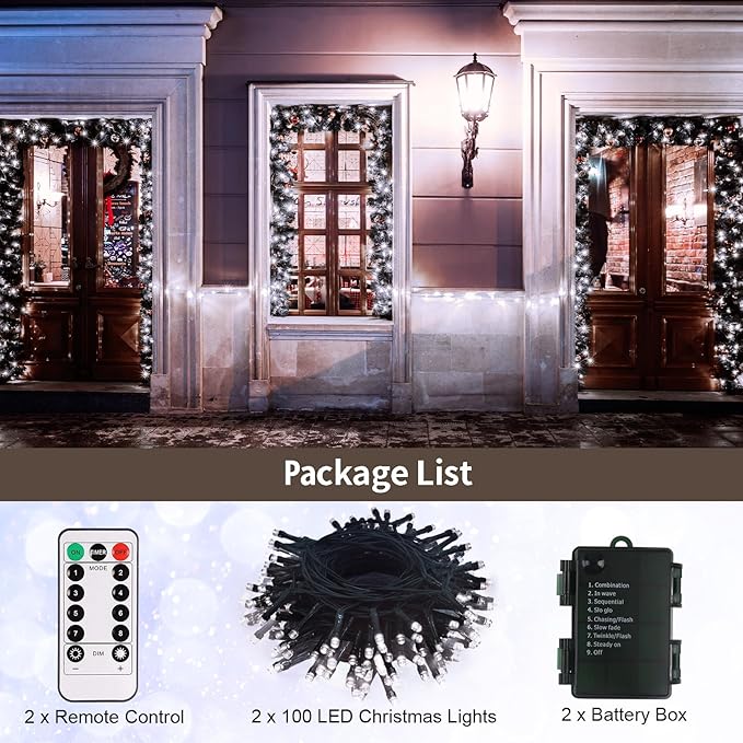 2 Pack String Lights Battery Operated, 33Ft 100 LED Christmas Fairy Lights Waterproof Green Wire Tree Lights with Remote 8 Modes Timer for Bderoom Garden Party Wedding Decoration (Cool White)