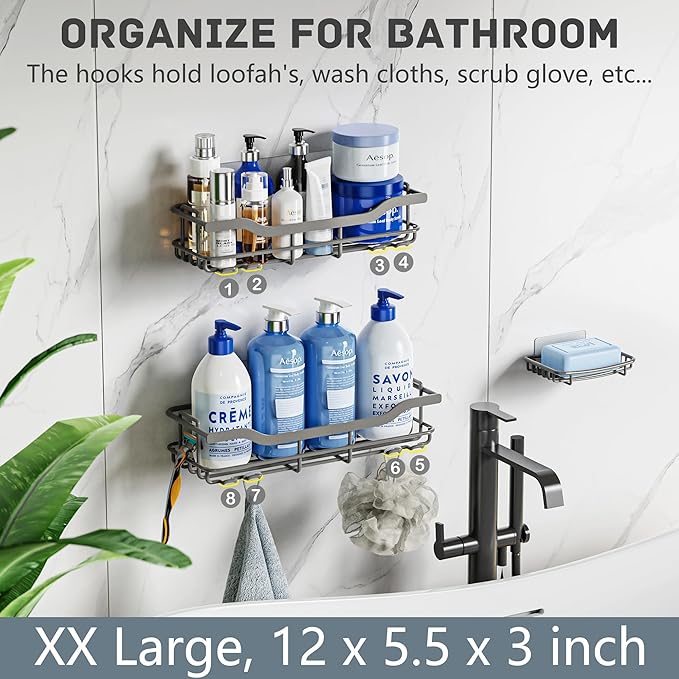 OMAIRA 3-Pack Shower Caddy with Soap Holder, Adhesive Rustproof No-drill Strudy Loading Inside Shower Organizer Shelves Rack Storage Bathroom Organization for Smooth Wall Glass Tile, Grey (X-Large)