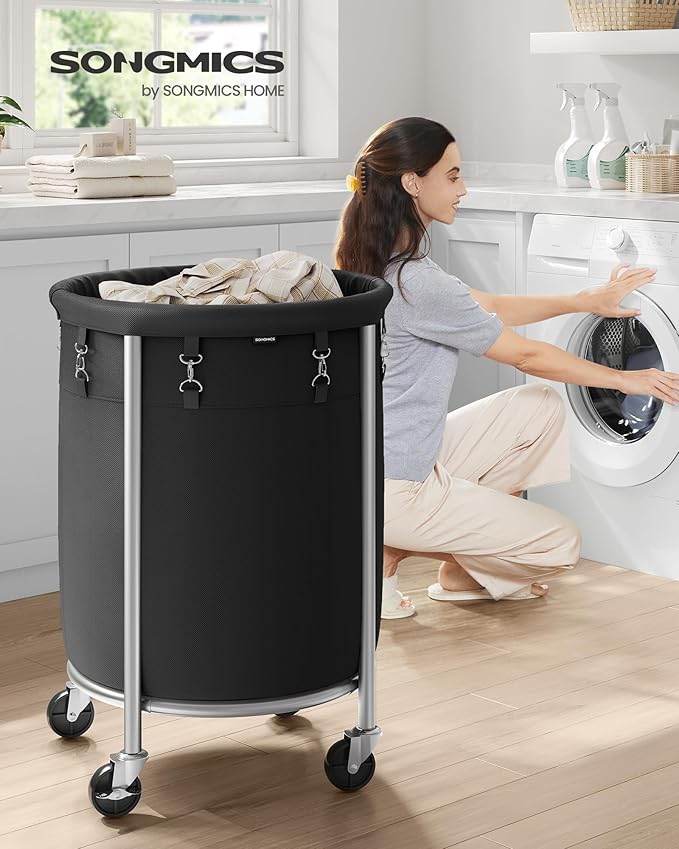 SONGMICS 29-Gallon (110 L) Laundry Basket with Wheels, Rolling Round Heavy-Duty Laundry Hamper Cart with Steel Frame and Removable Bag, 2 Locking Wheels, Ink Black and Metallic Silver URLS002B01