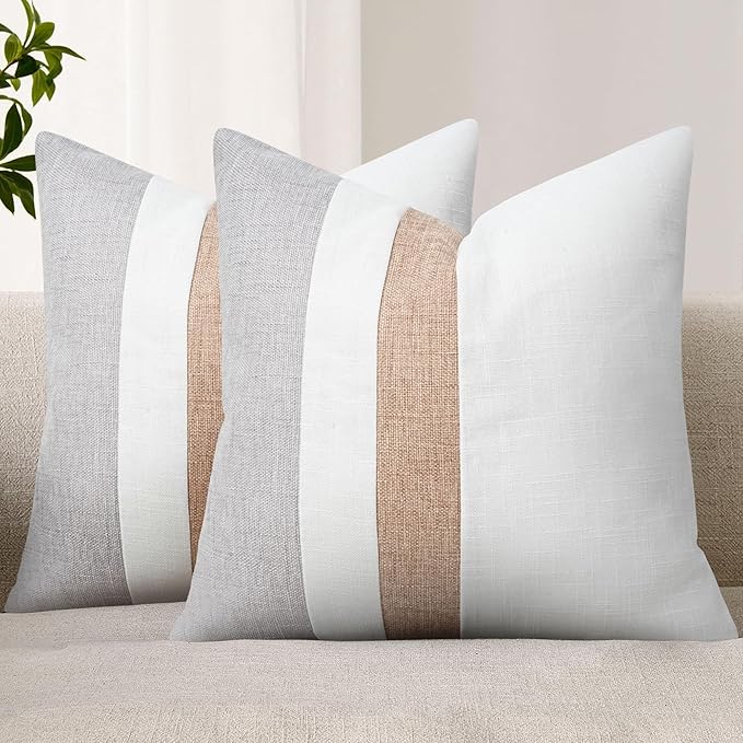 Adabana Set of 2 Linen Pillow Covers Decor Square Patchwork Throw Pillow Covers 18x18 Inch Farmhouse Cushion Covers Decorative Couch Bedroom Sofa Living Room,White