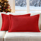 Mecatny Christmas Corduroy Throw Pillow Covers 12x20 Set of 2, Neutral Decorative Soft Boho Lumbar Couch Pillow Covers with Broadside for Sofa Living Room, Christmas Red