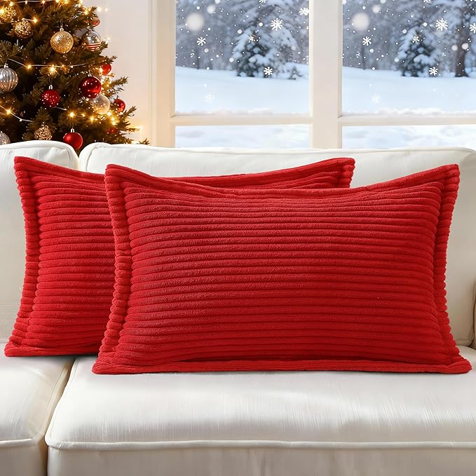 Mecatny Christmas Corduroy Throw Pillow Covers 12x20 Set of 2, Neutral Decorative Soft Boho Lumbar Couch Pillow Covers with Broadside for Sofa Living Room, Christmas Red