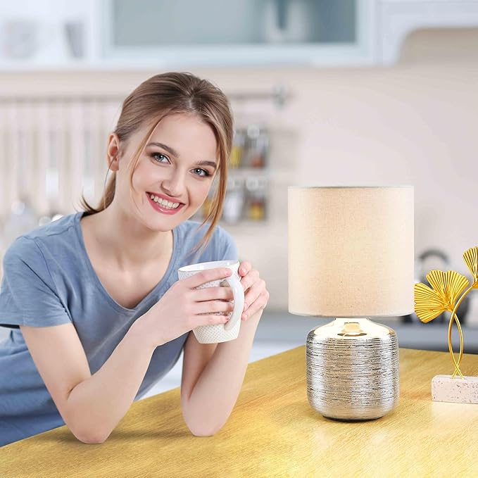 Lampwell Beno Small Table Lamp for Living Room as Bedside Table Lamp for Bedroom,Modern Ceramic Table Lamp,Kids Table Lamp,Night Table Lamp,Φ6.3×H11.81IN,Bulb Excluded,Grey Chrome Table Lamp