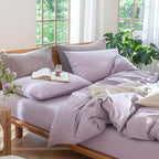 MooMee Bedding Duvet Cover Set 100% Washed Cotton Linen Like Textured Breathable Durable Soft Comfy (Heathered Light Purple, Queen 90"x90")