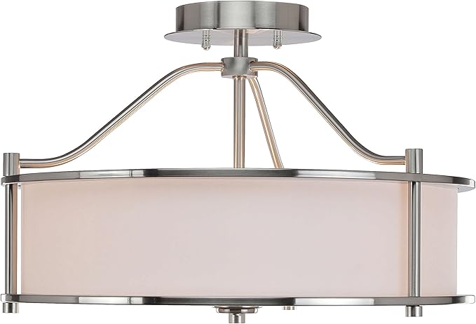 XiNBEi Lighting Semi Flush Mount Ceiling Light 18 inch 3 Light Close to Ceiling Light with Fabric Shade and Glass Diffuser, Brushed Nickel Drum Semi Flush Light for Dinning & Bedroom XB-SF1199-BN
