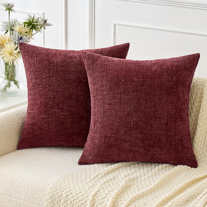 MIULEE Pack of 2 Christmas Couch Throw Pillow Covers 16x16 Inch Soft Wine Red Chenille Pillow Covers for Sofa Living Room Solid Dyed Pillow Cases