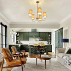 Chandelier, Gold with Muted Green Linen Fabric Shade, Farmhouse Linear Island Lighting Fixture for Kitchen, Dining Room