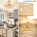 Hamilyeah 20 inch Ceiling Light Fixture Flush Mount Double Layer, Boho Light Fixture Ceiling Mount Wicker Shade, Bamboo Woven Rattan Ceiling Light for Living Room, Bedroom, Dining Room