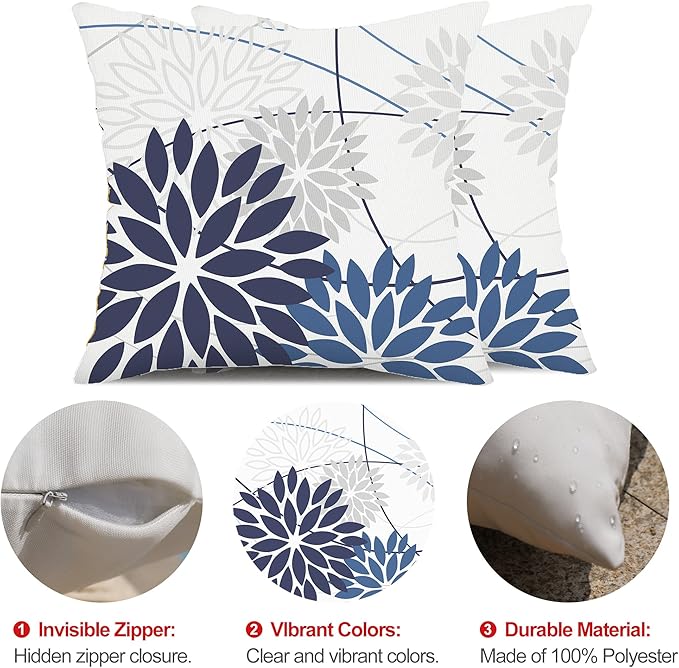 Blue Flower Pillow Covers 20x20 Inch Set of 2 Dark and Light Blue Colored Pillow Farmhouse Outdoor Waterproof Decor for Patio Funiture Garden Summer Floral Polyester Square Cushion Cover 01D20