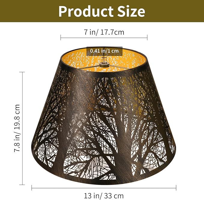 Metal Lamp Shade, ALUCSET Barrel Lampshade with Pattern of Trees Lampshades for Table Lamp, Metal Lamp Shades 7" Top x 13" Bottom x 7.8" High Spider Fitter, Bronze Gold