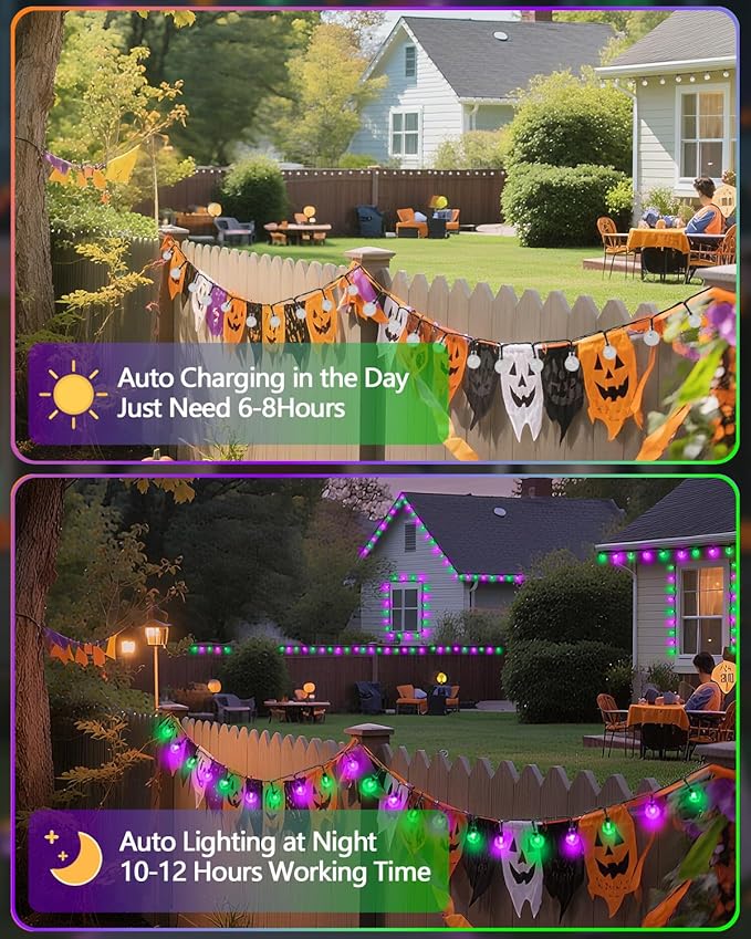 LORRYTE 2-Pack 100 LED Purple and Green Halloween Lights Outdoor - 64FT Crystal Globe Waterproof Solar String Lights with 8 Lighting Modes for Halloween Decorations, Garden, Patio, Party, Porch