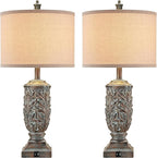 Set of 2 Farmhouse Table Lamps for Living Room, Rustic Vintage Bedside Nightstand Lamp with USB A+C, 28.5" Tall Bronze Leafwork Resin Lamps for Bedroom End Table, Rotary Switch