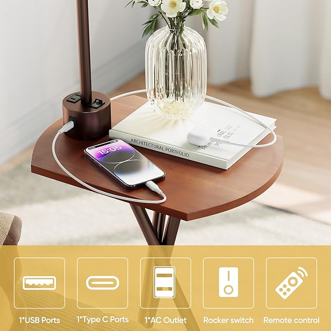 ROTTOGOON Floor Lamp with Table, End Table Lamp with Remote Control and Charging Station(USB & Type-C & AC Port), 4 Color Temperatures, Floor Lamps for Living Room, Bedroom and Home Office,Brown