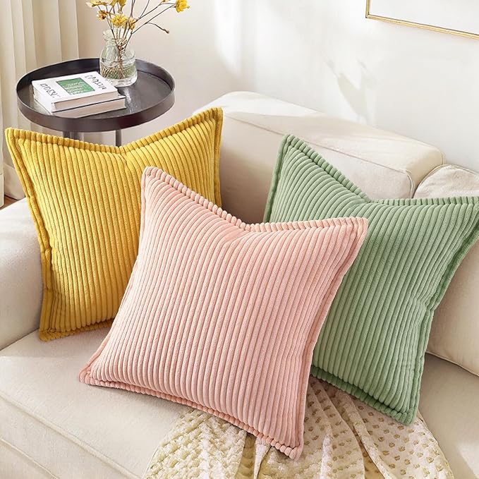 decorUhome Corduroy Sage Green Throw Pillow Covers 18x18 Set of 2 Decorative Soft Boho Farmhouse Euro Couch Pillow Covers for Living Room Bed Sofa Broadside Striped Pillow Cases