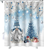 Vandarllin Christmas Gnome Shower Curtain, Winter Merry Christmas Tree Balls Shower Curtains Set with Hooks, Blue Waterproof Fabric Bathroom Curtains Decor Home Accessories, Stall Long 36 X 78 Inch
