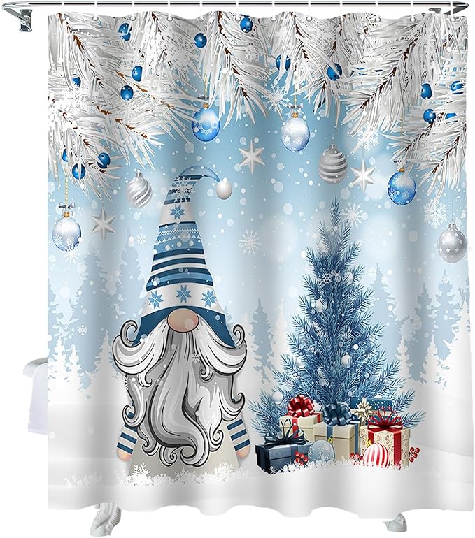 Vandarllin Christmas Gnome Shower Curtain, Winter Merry Christmas Tree Balls Shower Curtains Set with Hooks, Blue Waterproof Fabric Bathroom Curtains Decor Home Accessories,72X 96 Inch Extra Long
