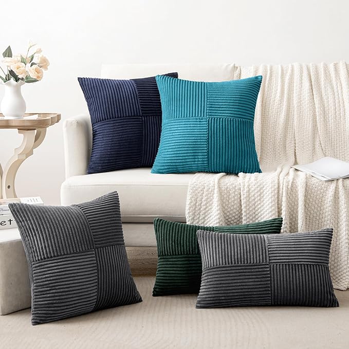 MIULEE Grey Corduroy Pillow Covers Pack of 2 Boho Decorative Spliced Throw Pillow Covers Soft Solid Couch Pillowcases Cross Patchwork Textured Cushion Covers for Living Room Bed Sofa 16x16 inch