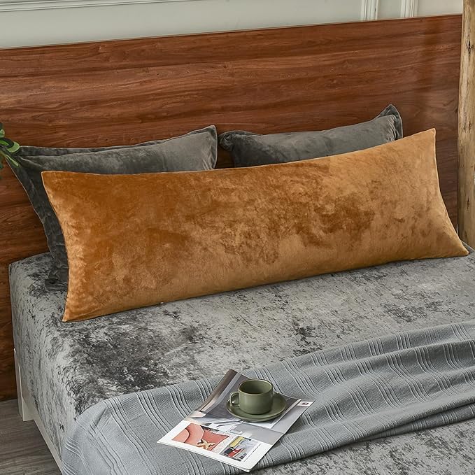 PHF Super Soft Velvet Zippered Body Pillowcase, No Insert, 1 Pack Luxury Cozy Warm Pillow Sham Cover with Zipper, 20"X 54" Long Cozy Fuzzy Flannel Pillow Case, Brownish Camel