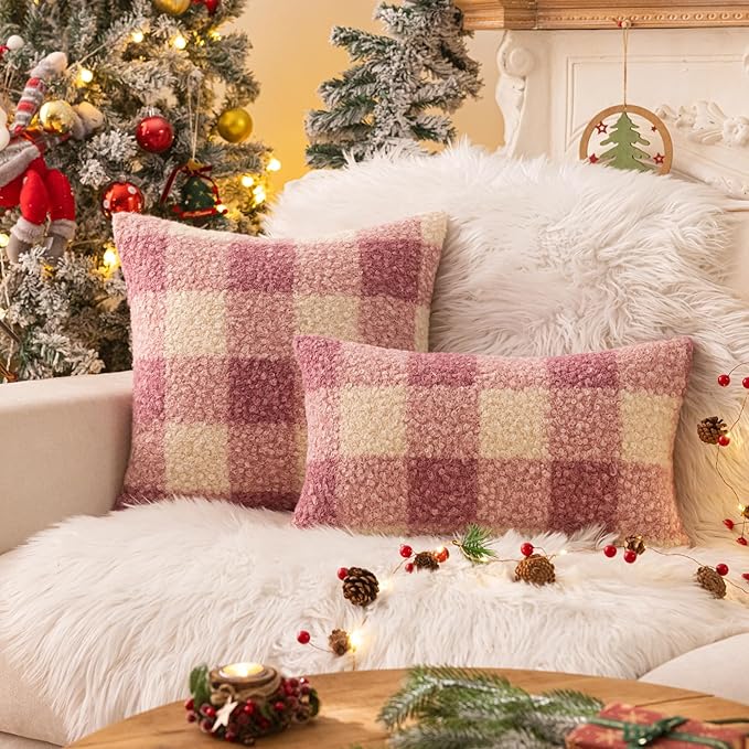 AQOTHES Purple White Plaid Winter Throw Pillow Covers 18x18 Inch Set of 2, Boucle Faux Fur Pillow Covers,Cozy Fluffy Home Living Room Farmhouse Decor for Sofa Couch Bed
