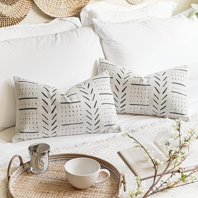 BlissBlush Off White Decorative Lumbar Throw Pillow Covers 12X20, Set of 2, Boho Farmhouse Cushion Cover, Soft Accent Pillowcase for Couch Sofa Bed Living Room Home Décor