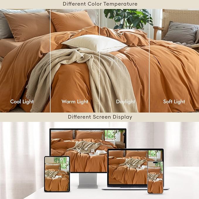 MooMee Bedding Duvet Cover Set 100% Washed Cotton Linen Like Textured Breathable Durable Soft Comfy (Solid Burnt Orange, Oversized Queen 98"x98")