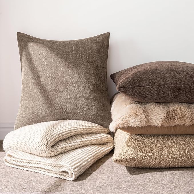 MIULEE 26x26 Inch Euro Sham Chenille Throw Pillows Set of 2 Soft Accent Taupe Grey Neutral Farmhouse Textured Cushion Covers for Bed Sofa Bedroom Living Room
