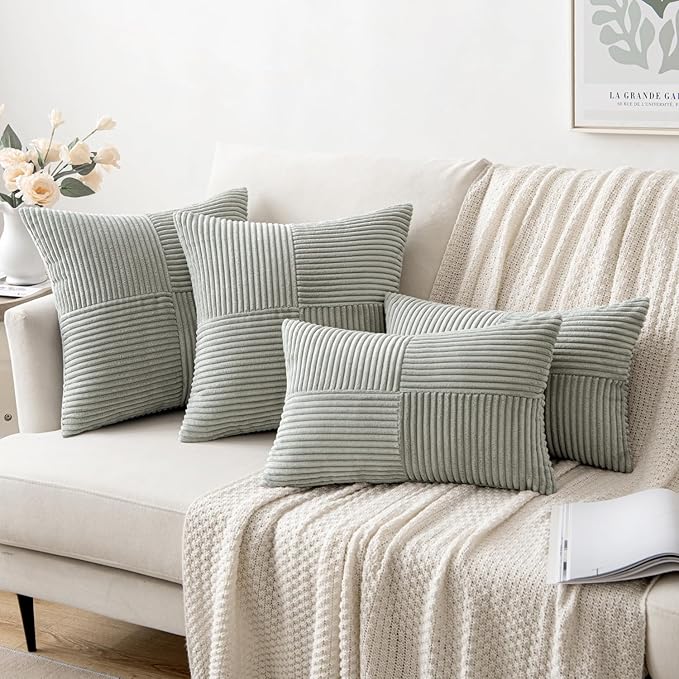 MIULEE Silver Grey Corduroy Pillow Covers Pack of 2 Boho Decorative Spliced Throw Pillow Covers Soft Solid Couch Pillowcases Cross Patchwork Textured Cushion Covers for Living Room Bed Sofa 12x20 inch