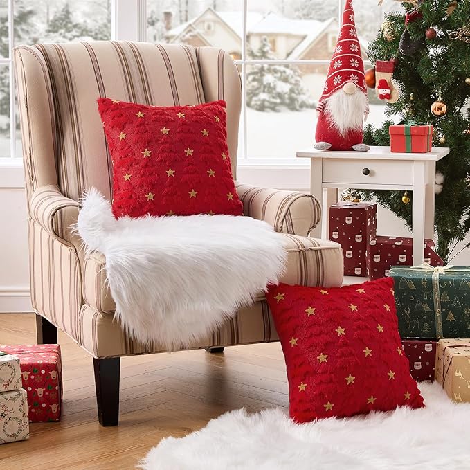MIULEE Christmas Pillow Covers 18x18 Inch Set of 2, Red Christmas Tree Plush Faux Fur Pillowcases Soft Decorative Throw Pillow Cases for Couch Sofa Living Room Winter Xmas Holiday Home Decor