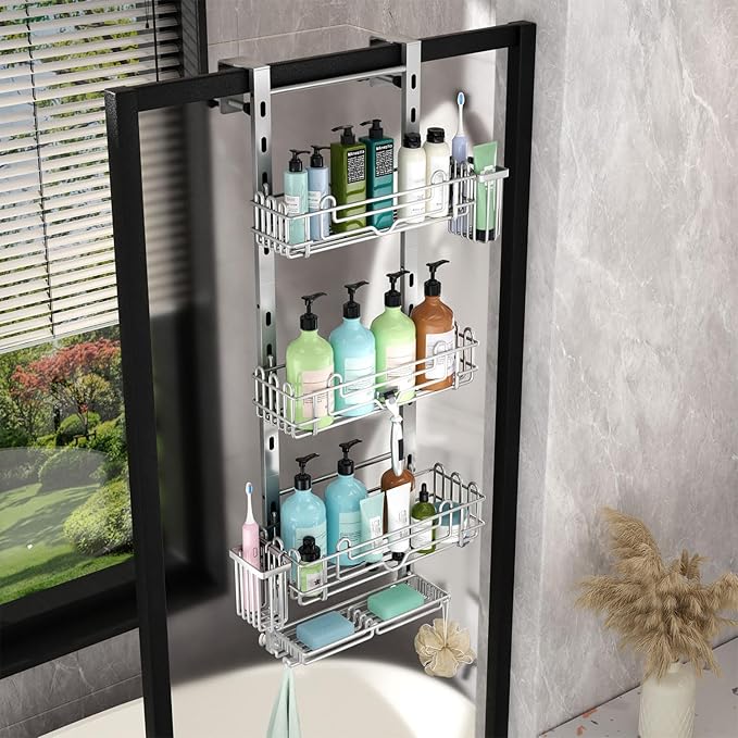 HapiRm Hanging Shower Caddy Organizer - Shower Shelf with 22 Hooks and 2 Toothbrush Holders, No Drilling Adjustable Hanging Bathroom Organizer - Silver