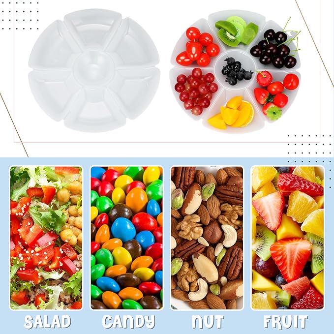Zhehao 6 Pcs Plastic Divided Serving Trays with 60 Pcs Disposable Fork, 7 Compartments Round Chip Dip Plate, Petal Shape Platter, 10.6'' Snacks Serving Dish for Party Candy Nuts Fruits (White)