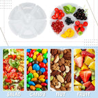 Zhehao 6 Pcs Plastic Divided Serving Trays with 60 Pcs Disposable Fork, 7 Compartments Round Chip Dip Plate, Petal Shape Platter, 10.6'' Snacks Serving Dish for Party Candy Nuts Fruits (White)