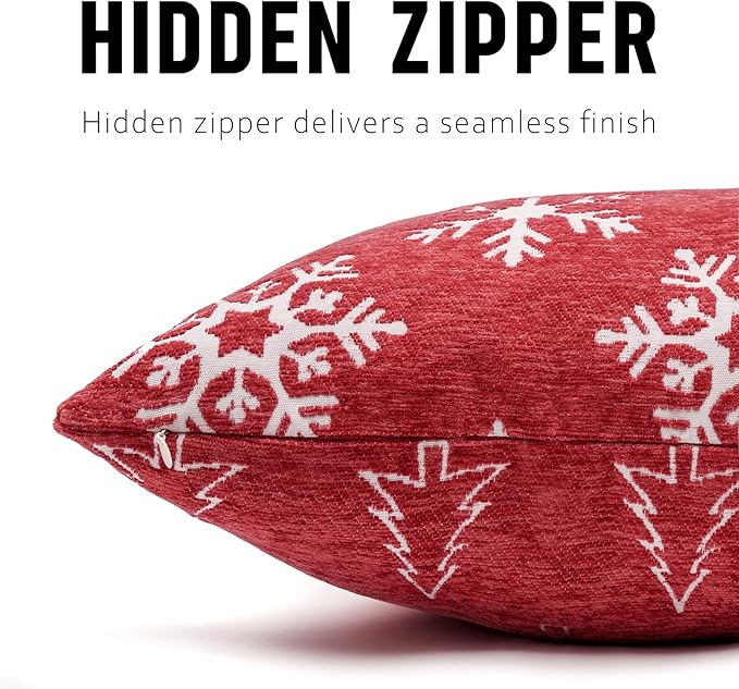 2 Pack Chenille Christmas Pillow Covers 12x20, Red Double-Sided Snowflake & Christmas Tree, Cozy Farmhouse Holiday Cushion Case, Decorative Throw Pillowcase for Sofa Couch Bed(Red,12x20)