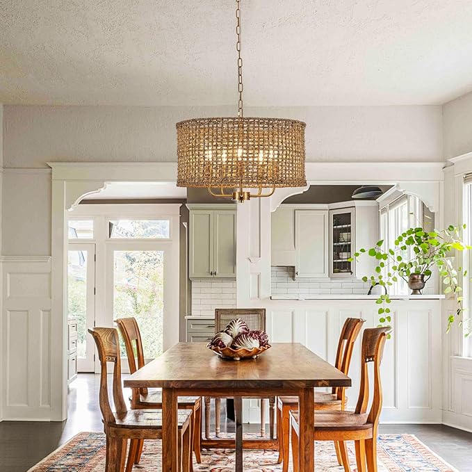 Hand-Woven Rattan Chandelier Vintage Farmhouse Boho Bamboo Golden Chandelier Light Fixture Retro 5-Lights Drum Wicker Gold Chandeliers for Dining Room, Kitchen Island, Living Room, Entryway