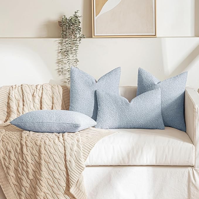 MIULEE 12x20 Inch Decorative Lumbar Throw Pillows for Bed Set of 2 Textured Boucle Neutral Winter Throw Pillow Covers Light Blue Accent Solid Pillowcases Sofa Livingroom Home Decor