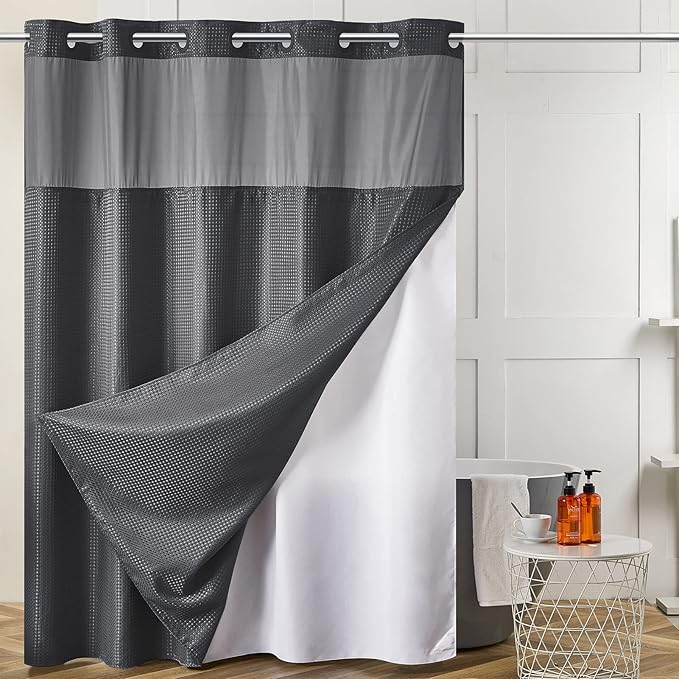 Furlinic Waffle Weave No Hook Shower Curtain with Snap in Liner,Heavy Duty Fabric Bathroom Curtain with See Through Window & Weighted Magnets,Waterproof & Machine Washable,Dark Grey,71x78 Inch