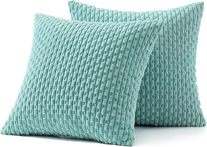MIULEE Pack of 2 Decorative Throw Pillow Covers 18x18 Inch Soft Boho Striped Textured Corduroy Pillow Covers Modern Farmhouse Home Decor for Couch Bed Sofa Living Room Aqua Green