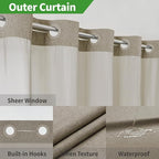 No Hooks Needed Linen Textured Shower Curtain with Snap-in Fabric Liner Set,Hotel Luxury Decor Shower Curtains for Bathroom with Mesh Top Window,Waterproof & Washable,71Wx74H,Khaki/Tan