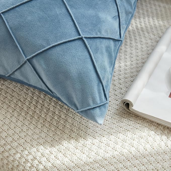 JAUXIO Diamond Pinch Pleated Crystal Velvet Pillowcases 2 Pack Solid Pintuck Throw Cushion Cover for Home Decor Hidden Zipper Closure (Dusty Blue, King)